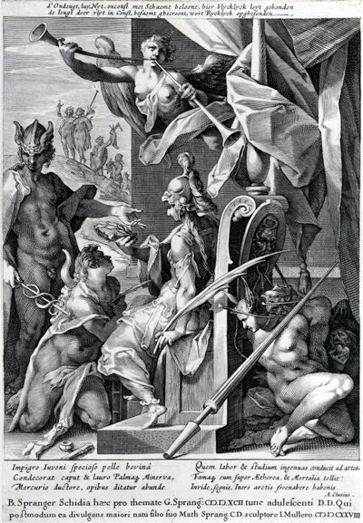 マーキュリーとミネルバが雄牛の皮と月桂樹のリースでヒーローを武装させる、1604 作： Jan Harmensz Muller