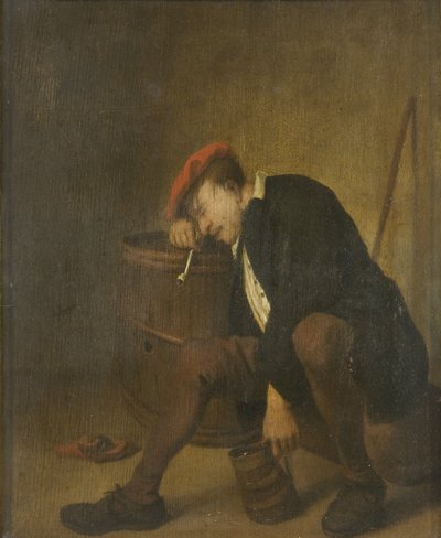 眠っている男（パネルに油彩） 作： Jan Havicksz (school of) Steen