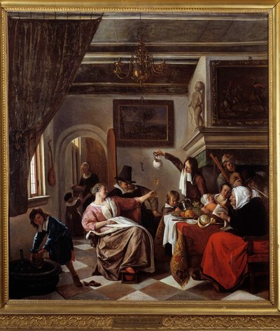 お年寄りが歌うように、小さな子供たちがつぶやく ヤン・ステーン（1626-1679）による絵画 1663年 日。0,94x0,81 m モンペリエ、ファーブル美術館 作： Jan Havicksz. Steen