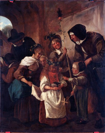 花の復活祭（花のイースター） ヤン・ハヴィクスゾーン・ステーン（1625/6-1679）の絵画 17世紀 薄手 80x65 cm ゲネス、ストラーダ・ヌオーヴァ美術館（元パラッツォ・ビアンコ）所蔵 作： Jan Havicksz. Steen