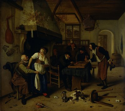 旅館の店内で女将と戯れる老人と男二人がバックギャモンをしている「二種勝負」 作： Jan Havicksz. Steen