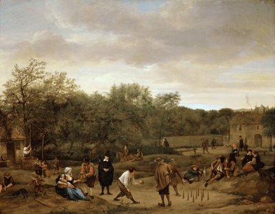 Paysans jouant aux quilles - ボーリングに興じる農民たち、ステーン、ヤン・ハヴィクシュ（1626-1679）作。木に油彩、1655年頃。寸法：67x85.5 cm。美術史博物館、ヴィエンヌ 作： Jan Havicksz. Steen