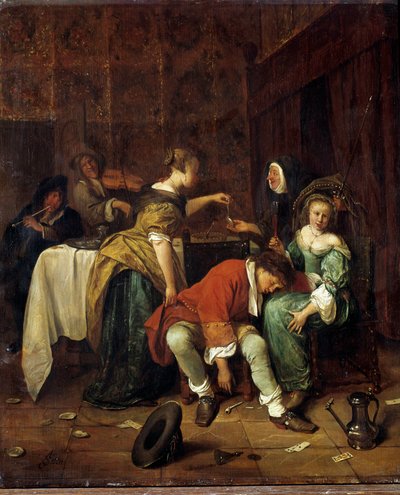 スティーン・ヤン・ハヴィクシュ（1626-1679）の絵画「ザ・バッド・カンパニー」（H S/WOOD 0.41 X 0.35）。 作： Jan Havicksz. Steen