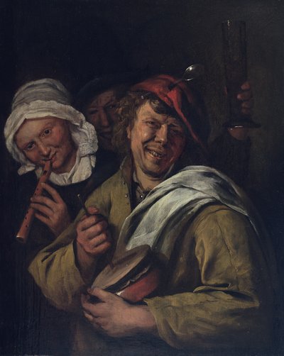 ロンメルポット三人の人物のいる室内（油彩・パネル） 作： Jan Havicksz. Steen