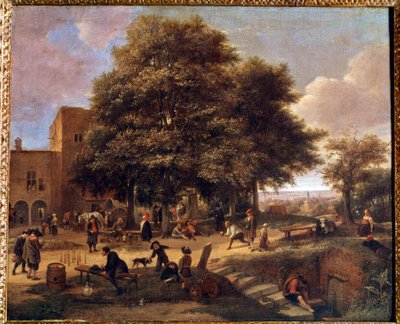 ボウリングのゲーム 農家の庭で遊んだり休んだりしている農民たちのグループ。ヤン・ステーン（1626-1679）の絵画 作： Jan Havicksz. Steen