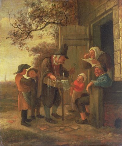 コテージの外で眼鏡を売っているペドラー、c.1650-53（パネル） 作： Jan Havickszoon Steen