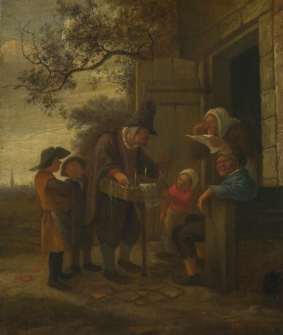 コテージの外でスペクタクルを販売するペドラー、c。 1653年 作： Jan Havickszoon Steen