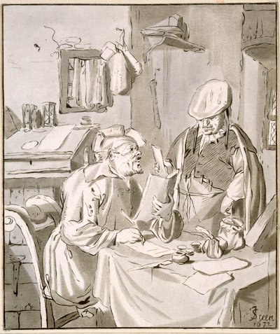 オフィスでお金について話し合う2人の男性、1672年、Cornelis Ploos van Amstel（1726-98）またはChristian Josi（c.1765-1828）によってコピー 作： Jan Havickszoon Steen