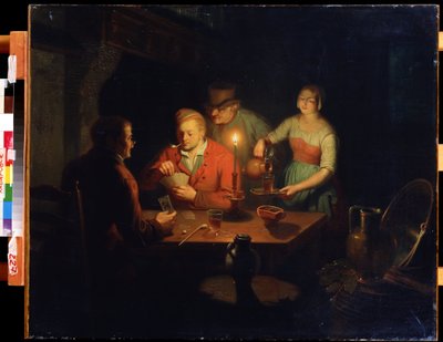 トランプゲーム。 Jan Hendrik van Grootveld (1808-1855) による絵画。 木に油彩、70 x 93 cm、19 世紀のオランダの芸術。 極東博物館、ハバロフスク (ロシア)。 作： Jan Hendrick van Grootvelt