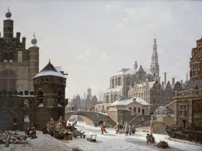 凍った運河に人物のいる町のカプリッチョビュー 作： Jan Hendrik Verheyen