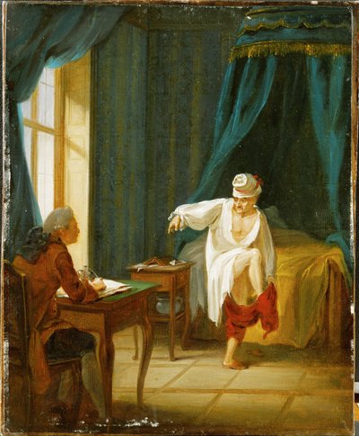 フランス、フェルネの自宅で、秘書に口述しながらズボンをはくナイトシャツ姿のヴォルテール。 作： Jan Huber