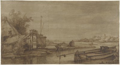 農場と横になっているはしけのある運河の眺め 作： Jan Hulswit (possibly)