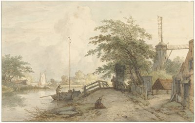 水辺の道路に橋と家のある風景 作： Jan Hulswit