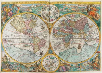 旅程。 衣装、原住民、船、動植物が描かれた世界地図、1644年。 作： Jan Huygen van Linschoten