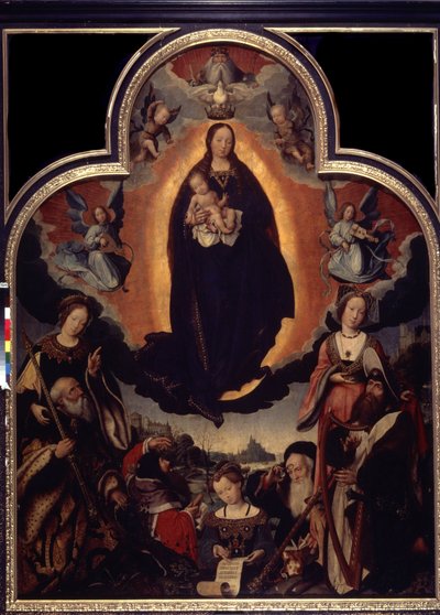 ""La Vierge en Gloire" (聖母の栄光) 聖母とイエス・キリストを取り巻く登場人物の中で: ハープを演奏するダビデ王、ローマ皇帝アウグストゥス (カイウス・ユリウス・カエサル・オクタヴィアヌス・アウグストゥス) (紀元前63年-紀元14年)、預言者 作： Jan II Provost