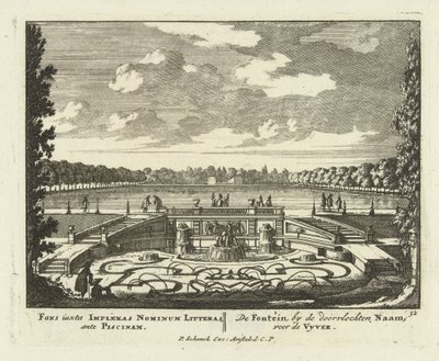 Paleis Het Loo、1695-1705の庭園にある大きな池の噴水 作： Jan I van Call
