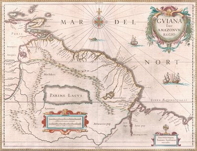 ギアナ地方を描いた 1649 年頃に作成された地図。 スペインが領有権を主張している領土は西に赤く、オランダ領ギアナは黄色に、ポルトガル領は南東に赤く強調されています。 神話のパリメ湖も見える 作： Jan Janssonius