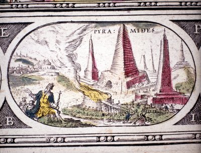 1630年にアムステルダムで印刷されたヤンソンヤンソニウスのアトラスに掲載された「古代の七不思議：エジプトのピラミッド」の表現。個人蔵。 作： Jan Janssonius