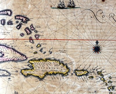 オランダの地図製作者ヤンソン・ヤンソンスの地図に描かれたカリブ海と亀山島（サント・ドミンゴの北西部）。17世紀 作： Jan Janssonius
