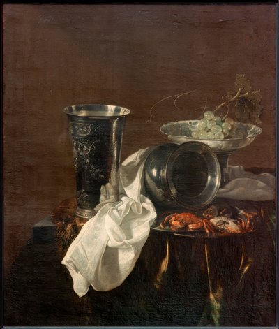 銀の杯、ひっくり返った水差しのある静物画、 作： Jan Jansz. Treck
