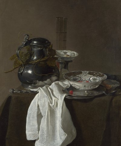 ピューターのフラゴンと2つのミンボウルのある静物、1651 作： Jan Jansz. Treck
