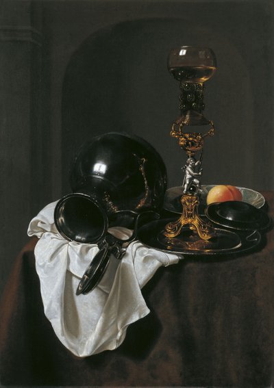 グラスワインとピューターの水差しのある静物 作： Jan Jansz. Treck
