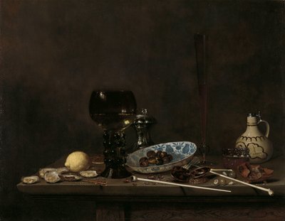 レーマー、フルートグラス、陶器の水差し、パイプのある静物 作： Jan Jansz. van de Velde (III)