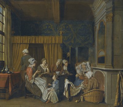双子の誕生を祝いながらお茶を飲む家族 作： Jan Josef Horemans the Younger