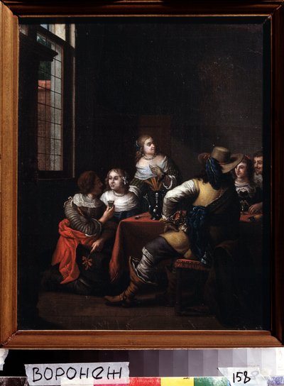 「Les festivites」（メリーミーティング）ライダーと女性のグループがテーブルの周りに楽しく集まりました。 Jan Joseph Horemans the Elder (1682-1759) による絵画 18 世紀 Ivan Kramskoy (または Kramskoi) ロシアのヴォロネジ (ヴォロネジ) にある美術館。 作： Jan Josef the Elder Horemans