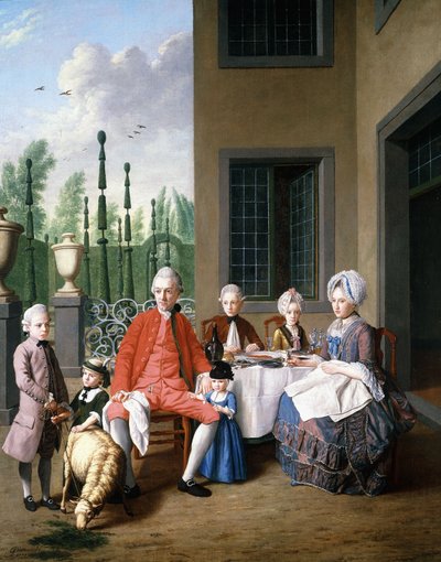 バンデンボッシュ一家のグループポートレート、家での食事、トピアリーガーデンビヨンド、1777年 作： Jan Josef the Younger Horemans