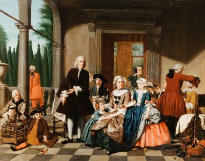 1747年の向こうにある正式な庭園、ポルティコで食事をしている家族の肖像 作： Jan Josef the Younger Horemans