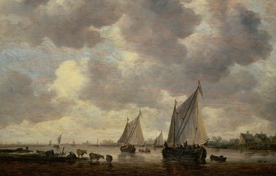 オランダの運河、あるいは川の近くの2隻の大型帆船と牛たち 作： Jan Josephsz van Goyen
