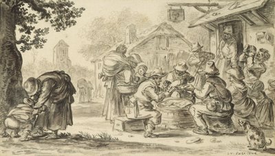 1624年の旅館の前での農民カードゲーム（紙に鉛筆、ペン、インク、ブラシ） 作： Jan Josephsz van Goyen