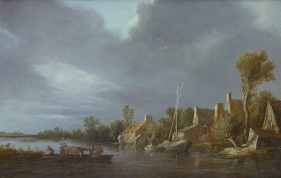 渡し舟に乗った農民と牛のいる川辺の村 作： Jan Josephsz van Goyen