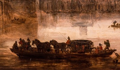 4頭立ての馬車を乗せた大型フェリー（ナイメーヘン）、詳細 作： Jan Josephsz van Goyen
