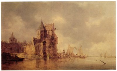 城壁にある中世の塔で、桟橋に帆船があり、前景に手漕ぎボートがあります。1642年頃（パネルに油彩） 作： Jan Josephsz van Goyen