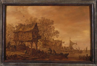 鳩小屋のそばのボートに農民がいる川岸の村、1651年 作： Jan Josephsz van Goyen