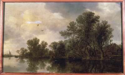 コテージとフェリーで手漕ぎボートに乗る農民、遠くに航行ボート、1633 作： Jan Josephsz van Goyen