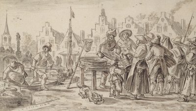 フィッシュマーケット、1624年（紙にペンと筆と茶色のインク） 作： Jan Josephsz van Goyen