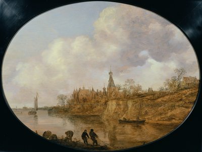 川のほとりで網と籠を運ぶ3人の漁師 遠くに城と村がある風景 作： Jan Josephsz van Goyen