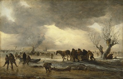 前景にソリ、氷上のテントに集まる人物のいる冬景色 作： Jan Josephsz van Goyen