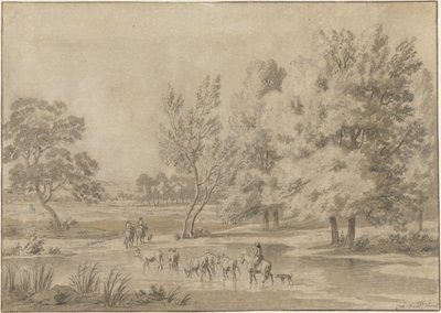 木、騎手、水飲み場に牛がいる風景 作： Jan Laurensz. van der Vinne