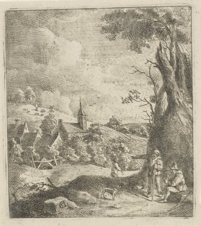 木のそばに村と二人の男がいる風景 作： Jan Lauwryn Krafft (I) (attributed to)