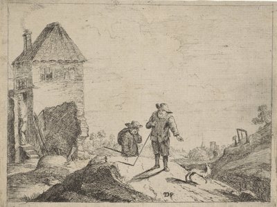 田舎道で​​犬を連れた 2 人の農夫 作： Jan Lauwryn Krafft (I) (possibly)
