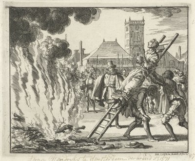 1571年、1685年にアムステルダムで焼かれた、はしごに縛られたアンネケンヘンドリクス 作： Jan Luyken