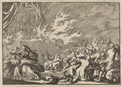 1689年、コペンハーゲンのアメリエンボー城の隣で演劇が行われる木造の小屋の火事 作： Jan Luyken
