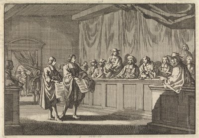 1683 年 6 月 3 日、改革派の大臣ギリーとクールディルがソルジュの教会会議で、カトリック教会に改宗するという宣言を読み上げる 作： Jan Luyken