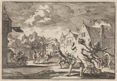 1671年、リューネブルグのリュッハウ城近くの村の住民が旋風に襲われ、鳥が空から落ちて死んでいる 作： Jan Luyken