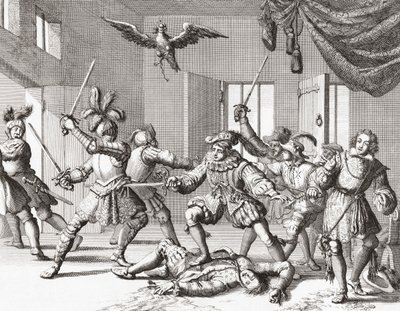 スコットランドのジェームズ6世を誘拐または殺害しようとしたジョンとアレクサンダールスベン 作： Jan Luyken