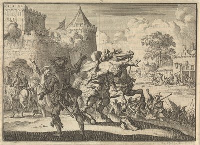 1620年、プレスブルグ（ブラチスラバ）の壁から撃たれた後、帝国の司令官ダンピアが馬から落ちる 作： Jan Luyken